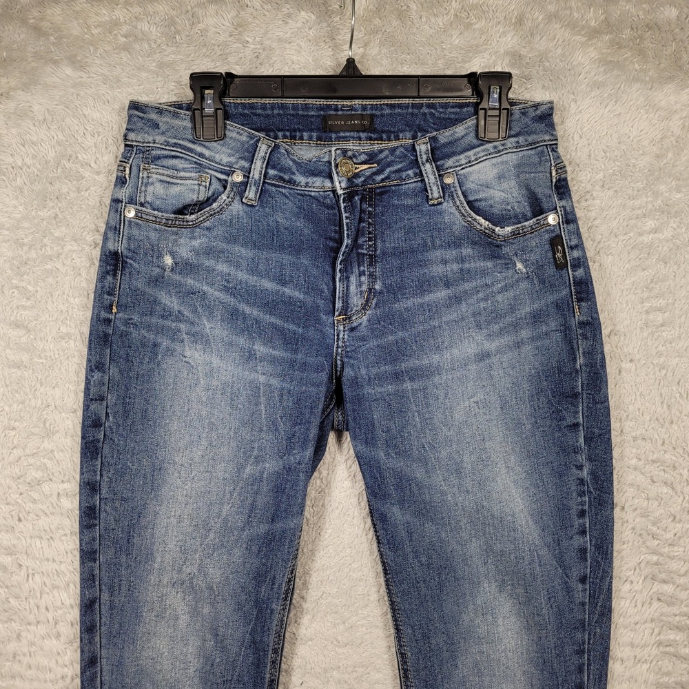 Silver Jeans Co Elyse Slim Boot Womens W30 L31 Blue Distressed Denim - Picture 2 of 13